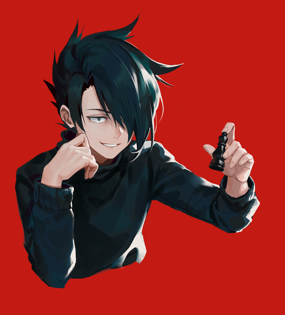 1boy, 8c, bishop_(chess), black_eyes, black_hair, black_sweater, chess_piece, cropped_torso