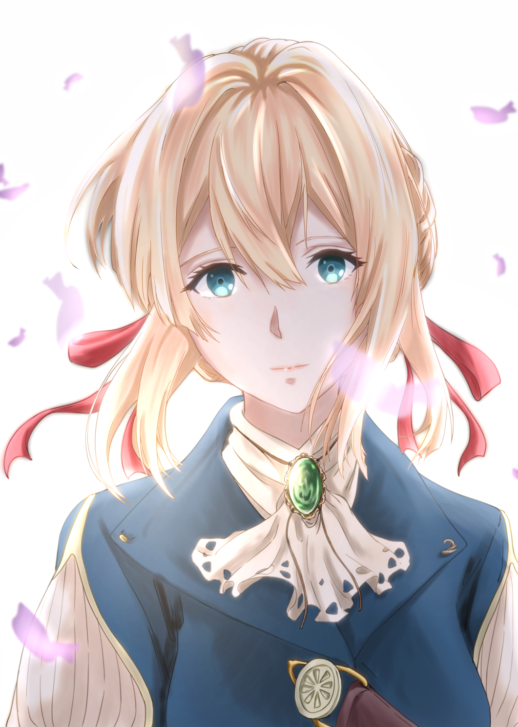 1girl, blonde_hair, blue_eyes, closed_mouth, floating_hair, hair_between_eyes, hair_ribbon, highres, looking_at_viewer, medium_hair, portrait, red_ribbon, ribbon, simple_background, solo, user_rtsg2375, violet_evergarden, violet_evergarden_(character), white_background, white_neckwear