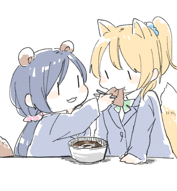2girls, :3, :t, aburaage, animal_ears, arm_support, ayase_eli, blazer
