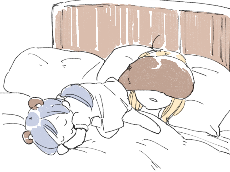 2girls, :3, animal_ears, ayase_eli, bed, bed_sheet, blonde_hair, blue_hair, chibi, closed_eyes, closed_mouth, doma_(domani), kemonomimi_mode, long_hair, love_live!, love_live!_school_idol_project, low_twintails, lying, messy_hair, multiple_girls, no_nose, on_back, on_side, pillow, puffy_short_sleeves, puffy_sleeves, raccoon_ears, raccoon_tail, short_sleeves, sleeping, smile, tail, teruyof, toujou_nozomi, twintails, white_background