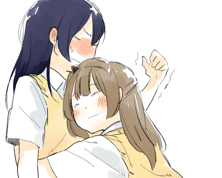 >_<, 2girls, ^_^, arm_at_side, bangs, blue_hair, blush, closed_eyes