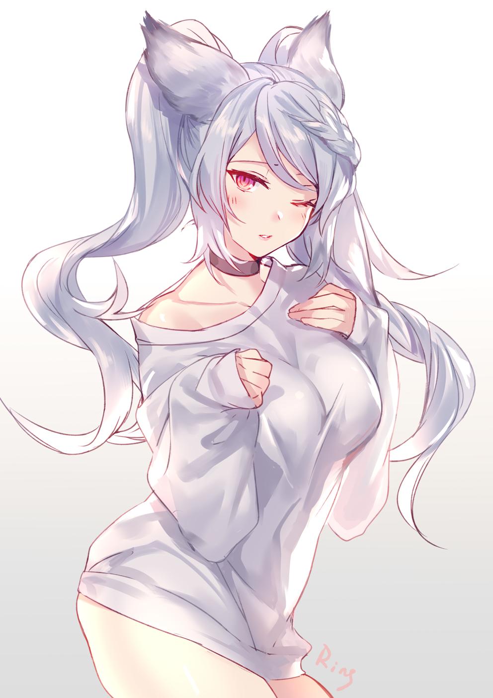 1girl, aki663, alternate_costume, animal_ears, bare_shoulders, blush, braid, choker