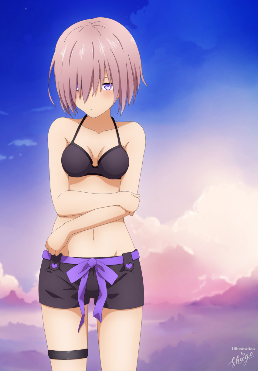 1girl, absurdres, arm_grab, artist_name, benjoerres, bikini, blue_sky, blush, breasts, clouds, crossed_arms, fate/grand_order, fate/stay_night, fate_(series), groin, hair_over_one_eye, highres, mash_kyrielight, medium_breasts, navel, pout, purple_hair, shielder_(fate/grand_order), short_hair, shorts, sky, solo, swimsuit, thighs, tokyo_mx, type-moon, ufotable, upset, violet_eyes