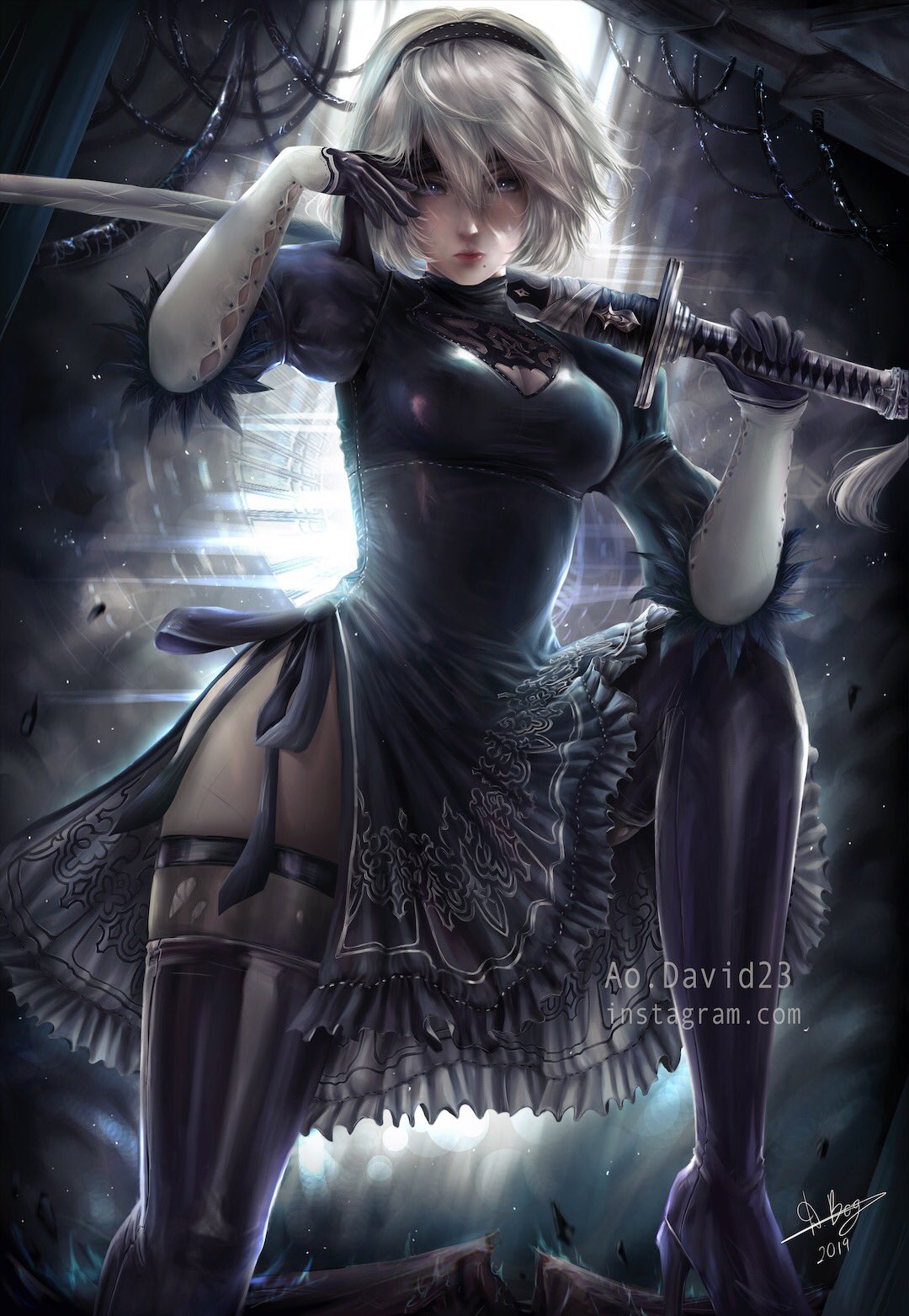 1girl, aodavid23, arm_up, artist_name, black_blindfold, black_dress, black_hairband, blindfold