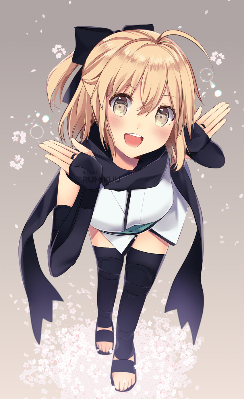 1girl, ahoge, artist_name, bangs, bare_shoulders, black_ribbon, black_scarf, blonde_hair