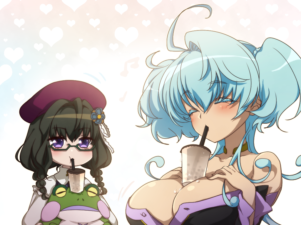 2girls, ahoge, bangs, bare_shoulders, beret, black_dress, black_hair, blue_background