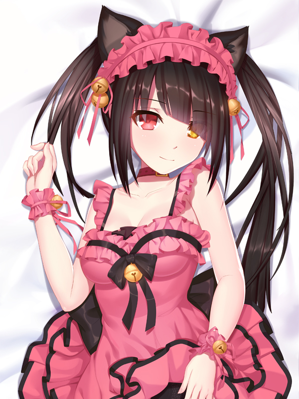1girl, animal_ears, bangs, bare_shoulders, bell, black_bow, black_hair, bow