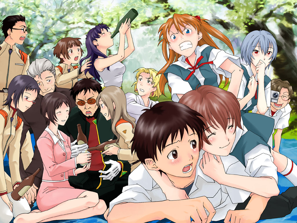ayanami_rei, beard, blue_eyes, blue_hair, everyone, facial_hair, girlfriend_of_steel, glasses