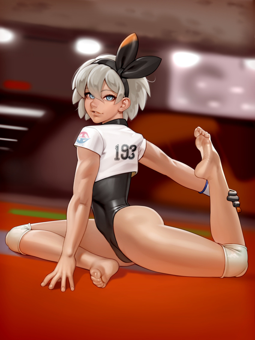 1girl, absurdres, ass, black_leotard, blue_eyes, commentary, crop_top, english_commentary