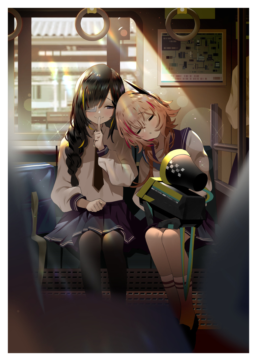 2girls, absurdres, bag, black_hair, black_legwear, blonde_hair, blush, bsue, finger_to_mouth, girls_frontline, headgear, highres, kneehighs, m16a1_(girls_frontline), m4_sopmod_ii_(girls_frontline), multiple_girls, necktie, pantyhose, pink_hair, pleated_skirt, redhead, ro635_(dinergate), school_bag, school_uniform, serafuku, shushing, sitting, skirt, sleeping, smile, train_interior, white_legwear