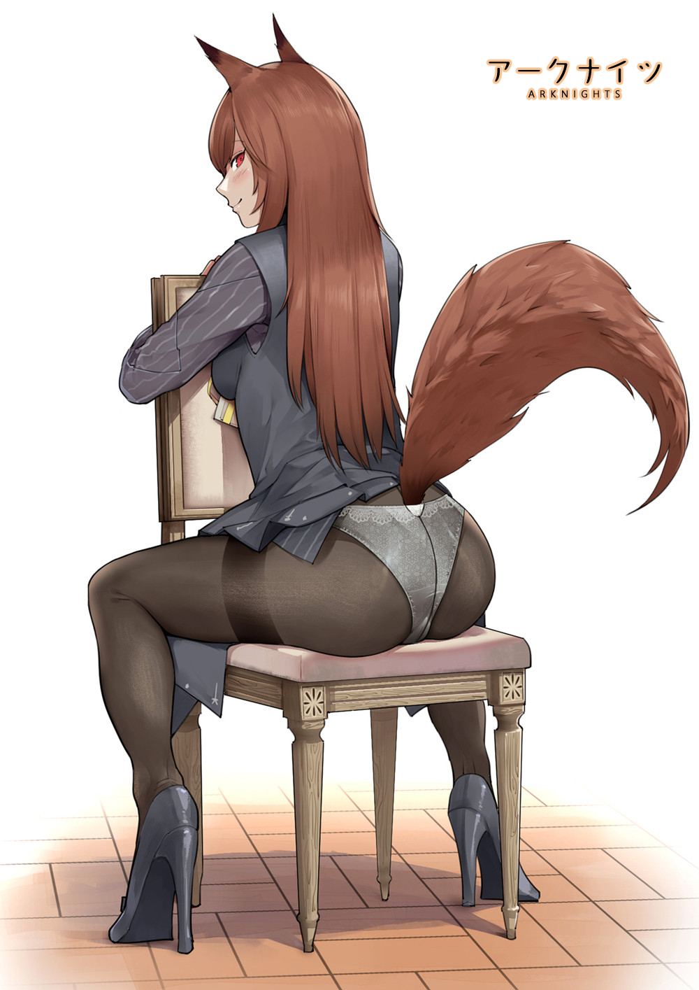1girl, animal_ears, arknights, ass, black_footwear, black_legwear, blush, brown_hair