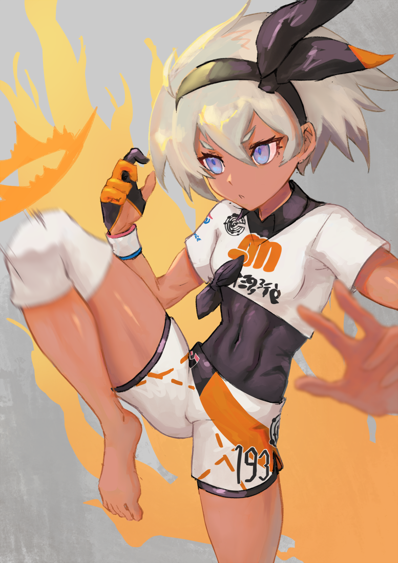 1girl, abs, arqa, barefoot, black_hairband, blue_eyes, bodysuit, bodysuit_under_clothes