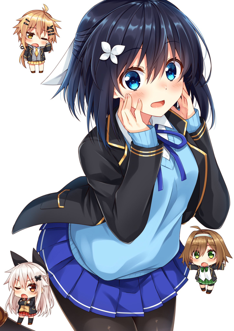4girls, :o, bangs, black_hair, black_jacket, black_legwear, blazer, blue_eyes