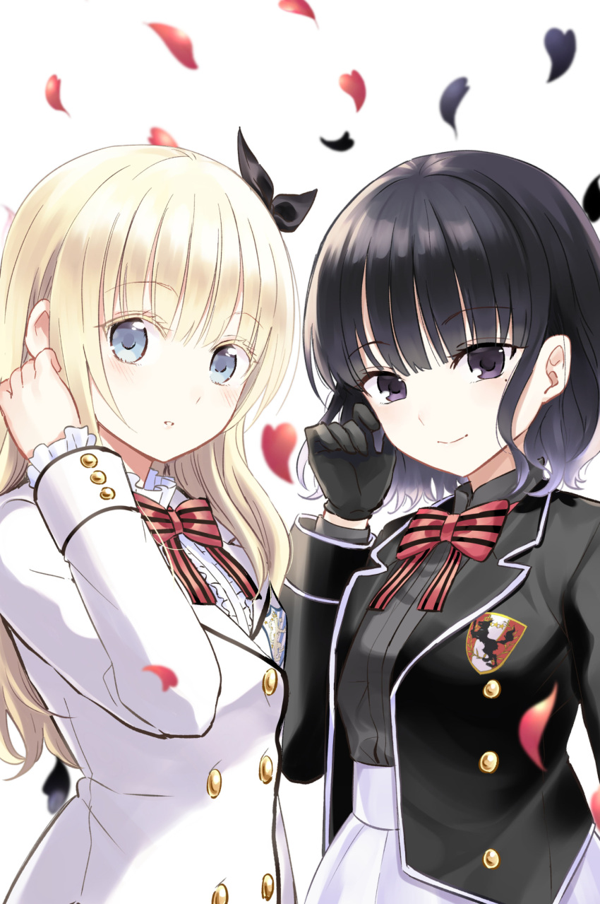 2girls, black_gloves, black_hair, black_jacket, black_ribbon, black_shirt, blazer, blonde_hair