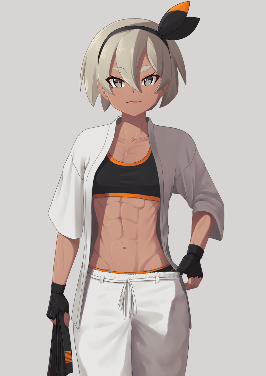 1girl, abs, absurdres, black_gloves, breasts, cowboy_shot, dark_skin, dougi