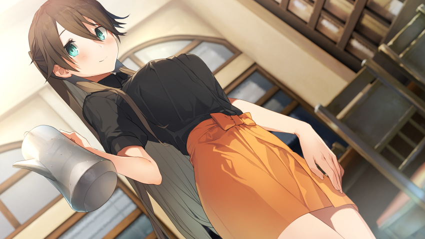 1girl, akinashi_yuu, blue_eyes, blurry, blurry_background, breasts, brown_hair, closed_mouth
