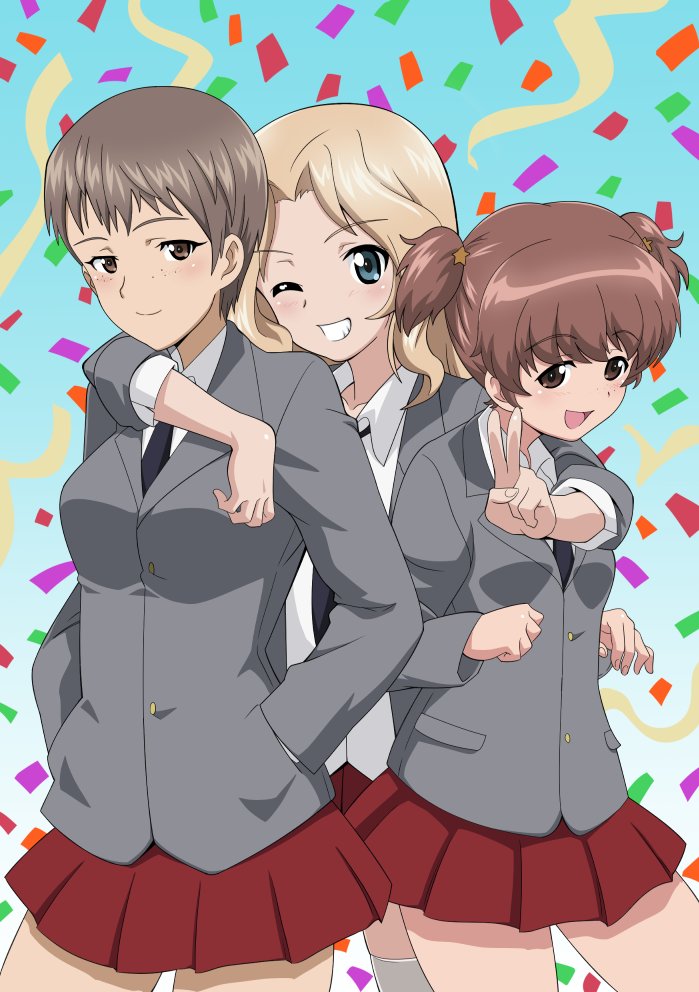 3girls, alisa_(girls_und_panzer), arm_around_neck, bangs, black_neckwear, blazer, blonde_hair, blouse, blue_eyes, brown_eyes, brown_hair, closed_mouth, collared_blouse, commentary, confetti, cowboy_shot, eyebrows_visible_through_hair, freckles, girl_sandwich, girls_und_panzer, grey_jacket, grin, hair_intakes, hair_ornament, hands_in_pockets, head_tilt, jacket, kay_(girls_und_panzer), light_blush, long_hair, long_sleeves, looking_at_viewer, miniskirt, multiple_girls, nao_(nao_puku777), naomi_(girls_und_panzer), necktie, one_eye_closed, open_clothes, open_jacket, open_mouth, pleated_skirt, red_skirt, sandwiched, saunders_school_uniform, school_uniform, short_hair, short_twintails, skirt, sleeves_rolled_up, smile, standing, star, star_hair_ornament, thigh-highs, twintails, v, very_short_hair, white_blouse, white_legwear