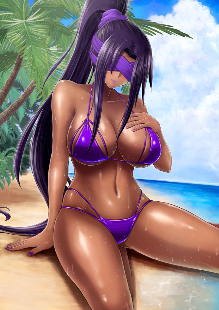 arm_support, bare_arms, bare_shoulders, beach, bikini, black_hair, blindfold, blue_sky, breasts, closed_mouth, clouds, cloudy_sky, collarbone, commentary_request, dark_skin, day, fingernails, hand_on_own_chest, high_ponytail, kiyukiakisasa, large_breasts, lips, lipstick, long_hair, makeup, marine_day, nail_polish, navel, ocean, original, outdoors, palm_leaf, palm_tree, purple_bikini, purple_lips, purple_nails, shiny, shiny_clothes, shiny_hair, shiny_skin, sitting, sky, smile, stomach, swimsuit, thighs, tree, water, water_drop, wet