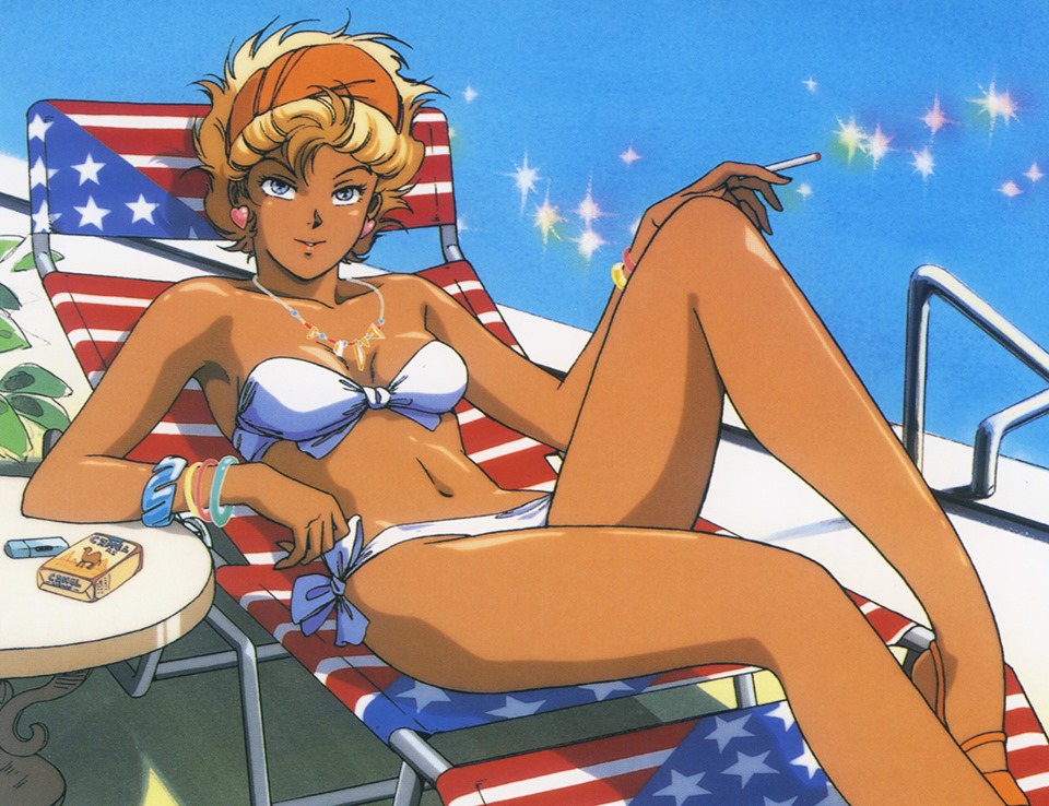 1girl, 80s, american_flag, american_flag_print, artist_request, bare_shoulders, bikini, blonde_hair, bracelet, breasts, chair, chromatic_aberration, cigarette, cigarette_box, earrings, hairband, heart_earrings, jewelry, lighter, looking_at_viewer, lounge_chair, medium_breasts, navel, necklace, oldschool, pool, scrunchie, short_hair, smile, solo, sparkle, strapless, strapless_bikini, susan_sommers, swimsuit, table, tan, upswept_hair, venus_senki, water, white_bikini