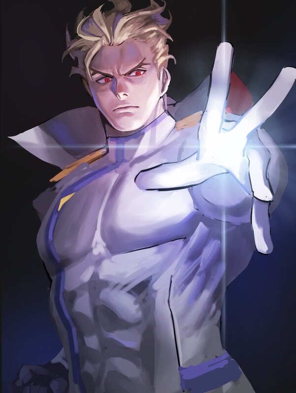 abs, blonde_hair, cape, chest, closed_mouth, formal, gloves, kray_foresight