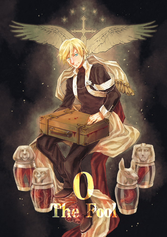1boy, black_background, black_pants, blonde_hair, blood, blue_eyes, canopic_jar, david_canopus, invisible_chair, liver, long_sleeves, male_focus, moromie-mizu, organs, pants, pixiv_fantasia, pixiv_fantasia_last_saga, sitting, solo, suitcase