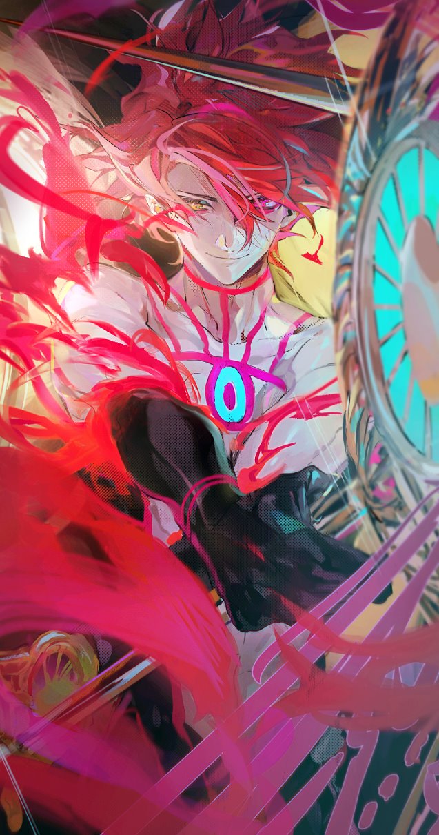 1boy, burning_garment_of_three_gods, chest_tattoo, fate/grand_order, fate_(series), heterochromia, highres, karna_(fate)