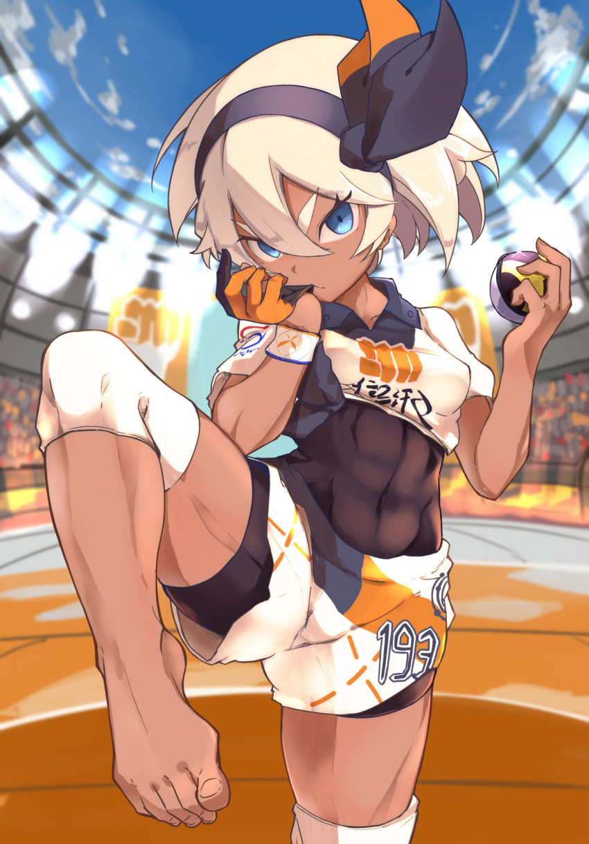 1girl, bangs, barefoot, black_hairband, black_ribbon, blue_eyes, blue_sky, clothes_writing, clouds, commentary_request, covered_navel, cowboy_shot, crowd, day, furorina, gloves, hair_between_eyes, hair_ribbon, hairband, hands_up, head_tilt, highres, holding, leg_up, looking_at_viewer, outdoors, poke_ball, pokemon, pokemon_(game), pokemon_swsh, ribbon, saitou_(pokemon), shirt, short_hair, short_shorts, short_sleeves, shorts, silver_hair, single_glove, sky, solo, stadium, standing, standing_on_one_leg, t-shirt, thick_eyebrows, ultra_ball, v-shaped_eyebrows, white_shirt, white_shorts, wristband