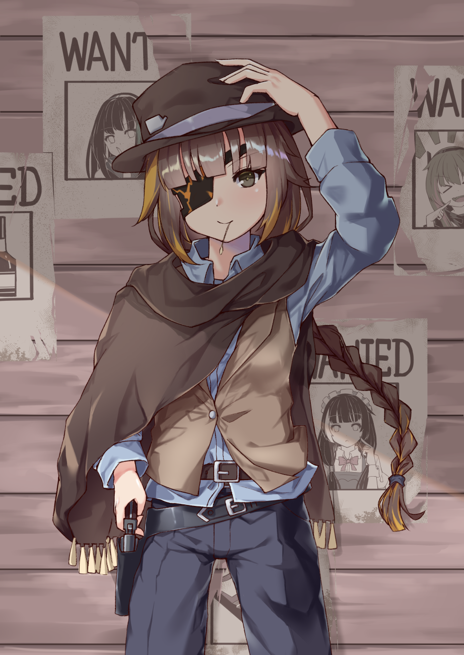 >_<, 1girl, anti-rain_(girls_frontline), belt_buckle, braided_ponytail, buckle, cowboy, cowboy_hat