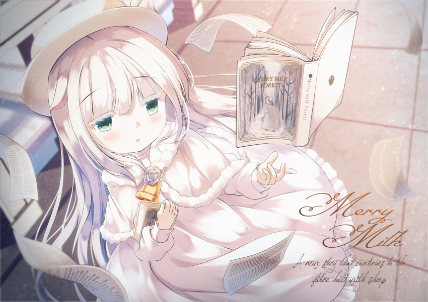 .live, 1girl, :o, bangs, bell, blurry, blurry_background, book