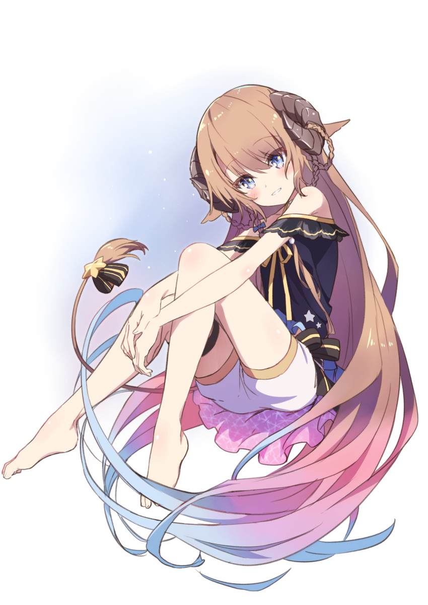 1girl, absurdres, bangs, bare_shoulders, barefoot, black_bow, black_shirt, blue_bow