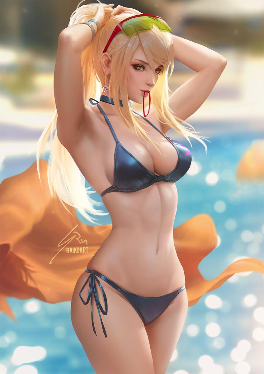 1girl, armpits, arms_behind_head, bare_shoulders, bikini, blonde_hair, blue_bikini, blue_eyes, blurry, blurry_background, breasts, choker, earrings, english_commentary, eyewear_on_head, hair_tie, halterneck, high_ponytail, highres, jewelry, large_breasts, metroid, navel, ocean, partially_submerged, ponytail, raikoart, samus_aran, shore, side-tie_bikini, stomach, swimsuit, water
