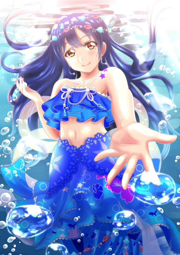 1girl, bangs, blue_hair, blush, bubble, closed_mouth, collarbone, commentary_request