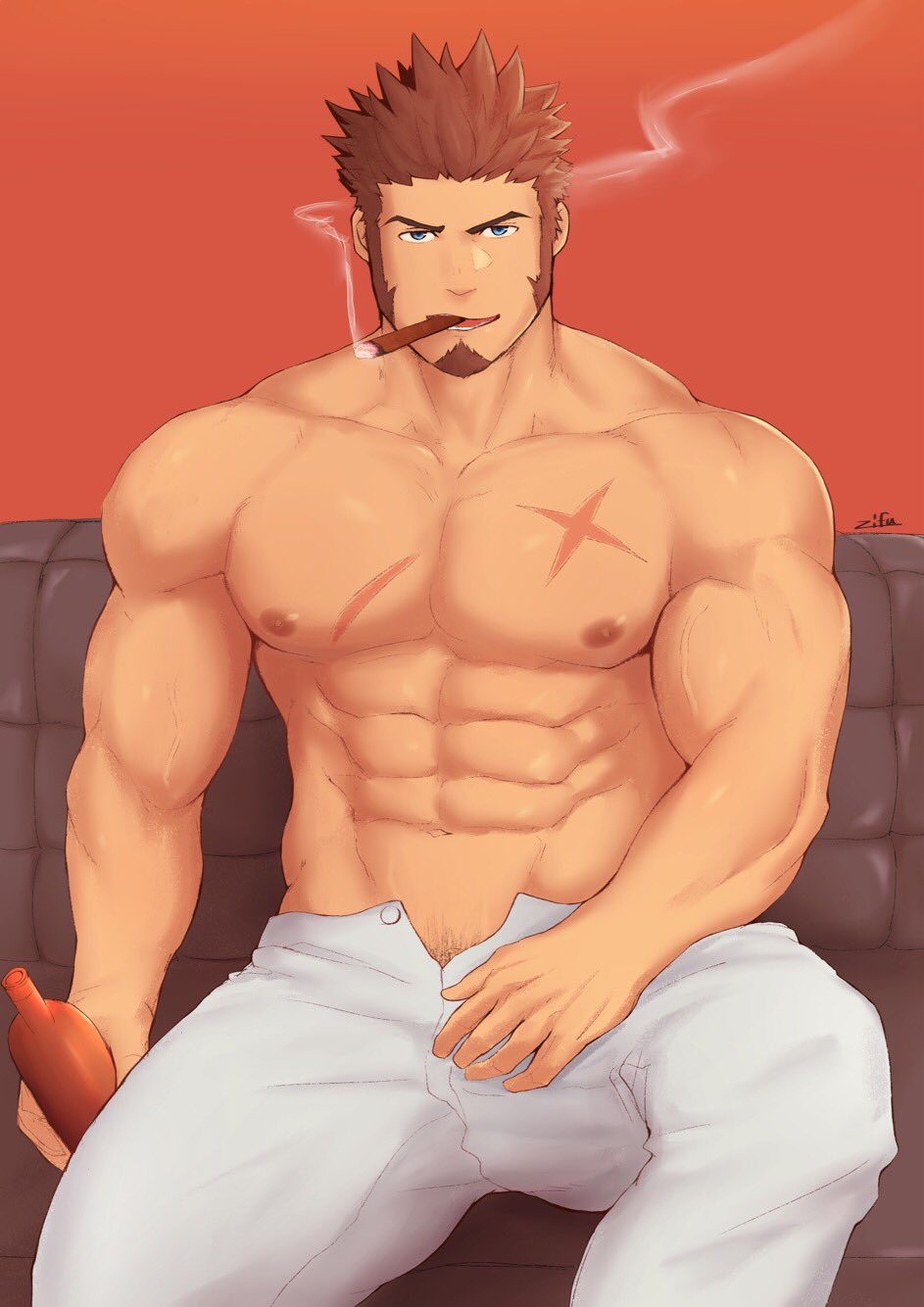 1boy, abs, bara, beard, biceps, blue_eyes, brown_hair, chest