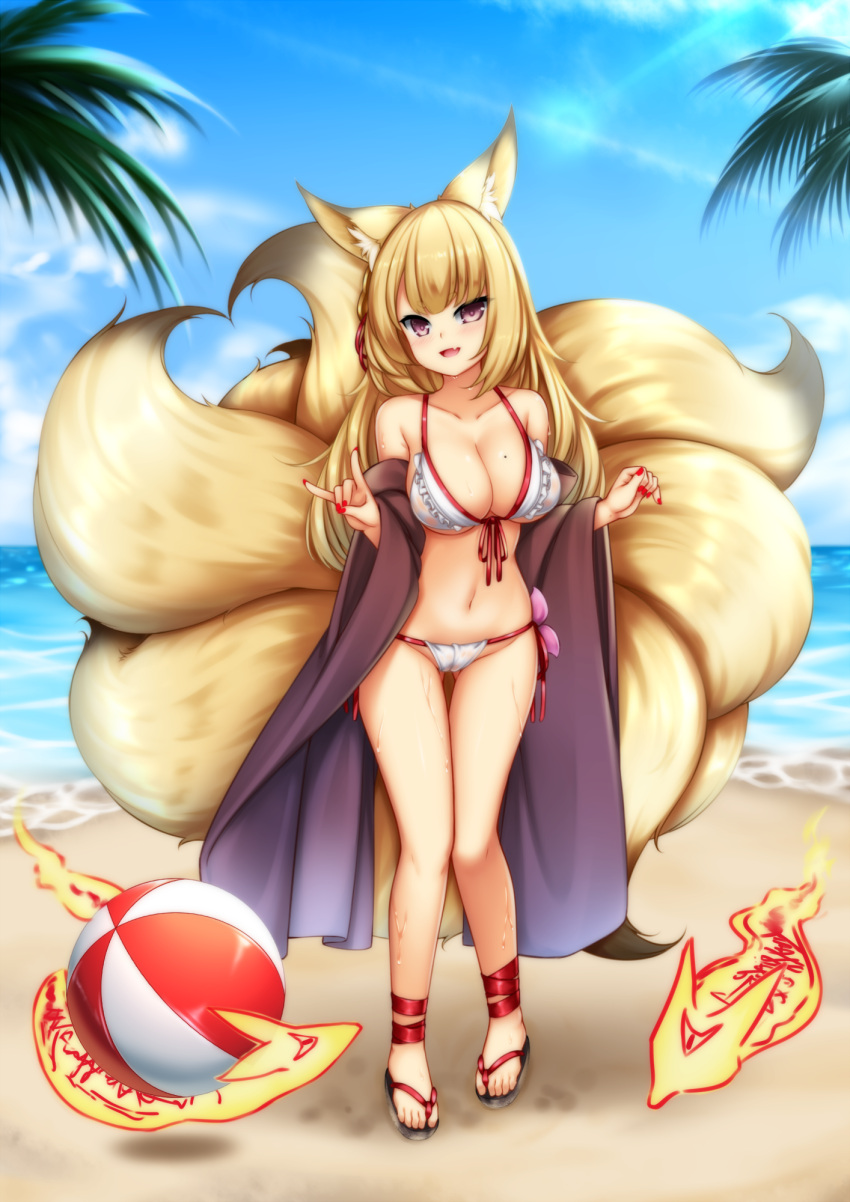 1girl, :d, animal_ear_fluff, animal_ears, ass_visible_through_thighs, ball, bare_shoulders, beach, beachball, bikini, blonde_hair, breasts, collarbone, commentary_request, day, fang, fox_ears, fox_girl, fox_shadow_puppet, fox_tail, frilled_bikini_top, full_body, heart, heart_tail, highres, kayou_(sennen_sensou_aigis), large_breasts, long_hair, looking_at_viewer, minaha_(playjoe2005), mole, mole_on_breast, multiple_tails, navel, open_mouth, outdoors, pink_eyes, red_nails, sennen_sensou_aigis, side-tie_bikini, skin_fang, smile, solo, standing, swimsuit, tail, water