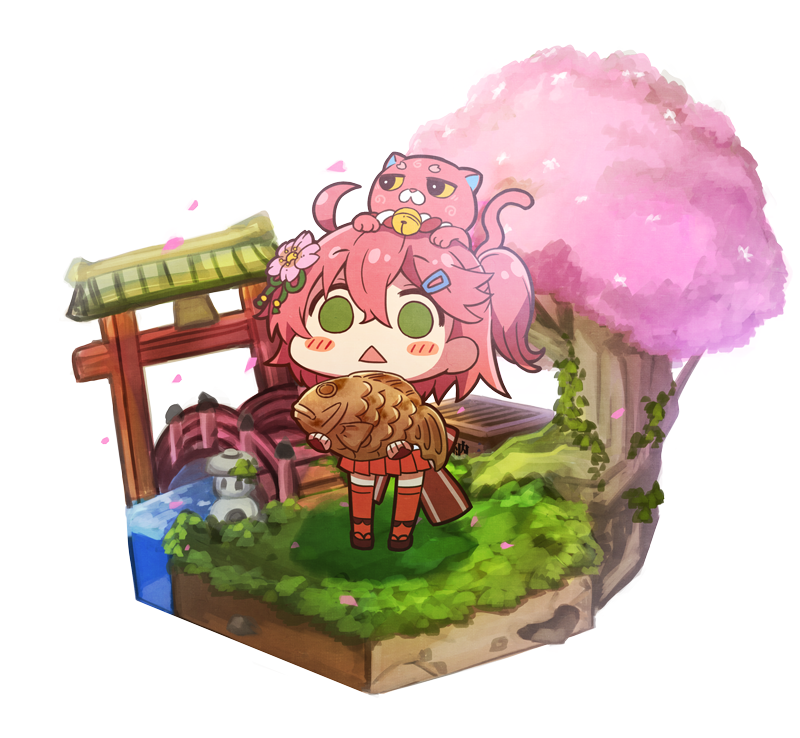 1girl, ahoge, animal, animal_on_head, bangs, bell, blush, bridge