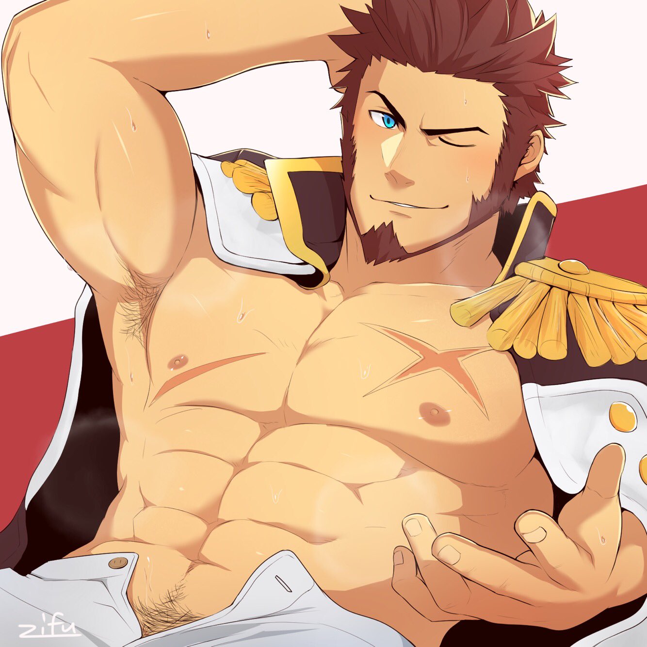 1boy, armpits, bara, beard, blue_eyes, blush, body_hair, brown_hair
