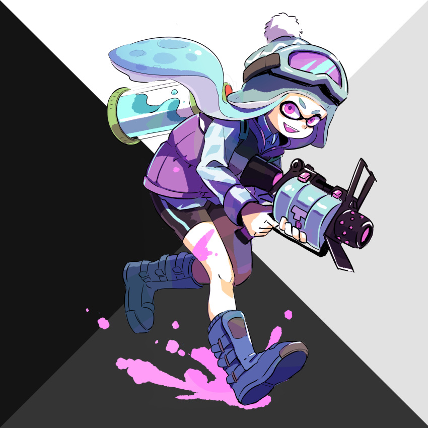 .52_gal_(splatoon), 1girl, absurdres, aqua_hair, bike_shorts, black_shorts, blue_footwear, blue_shirt