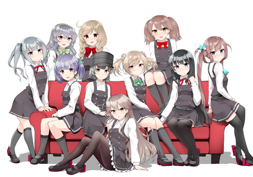 6+girls, alternate_costume, arare_(kantai_collection), arashio_(kantai_collection), asagumo_(kantai_collection), asashio_(kantai_collection), asashio_(kantai_collection)_(cosplay), ascot