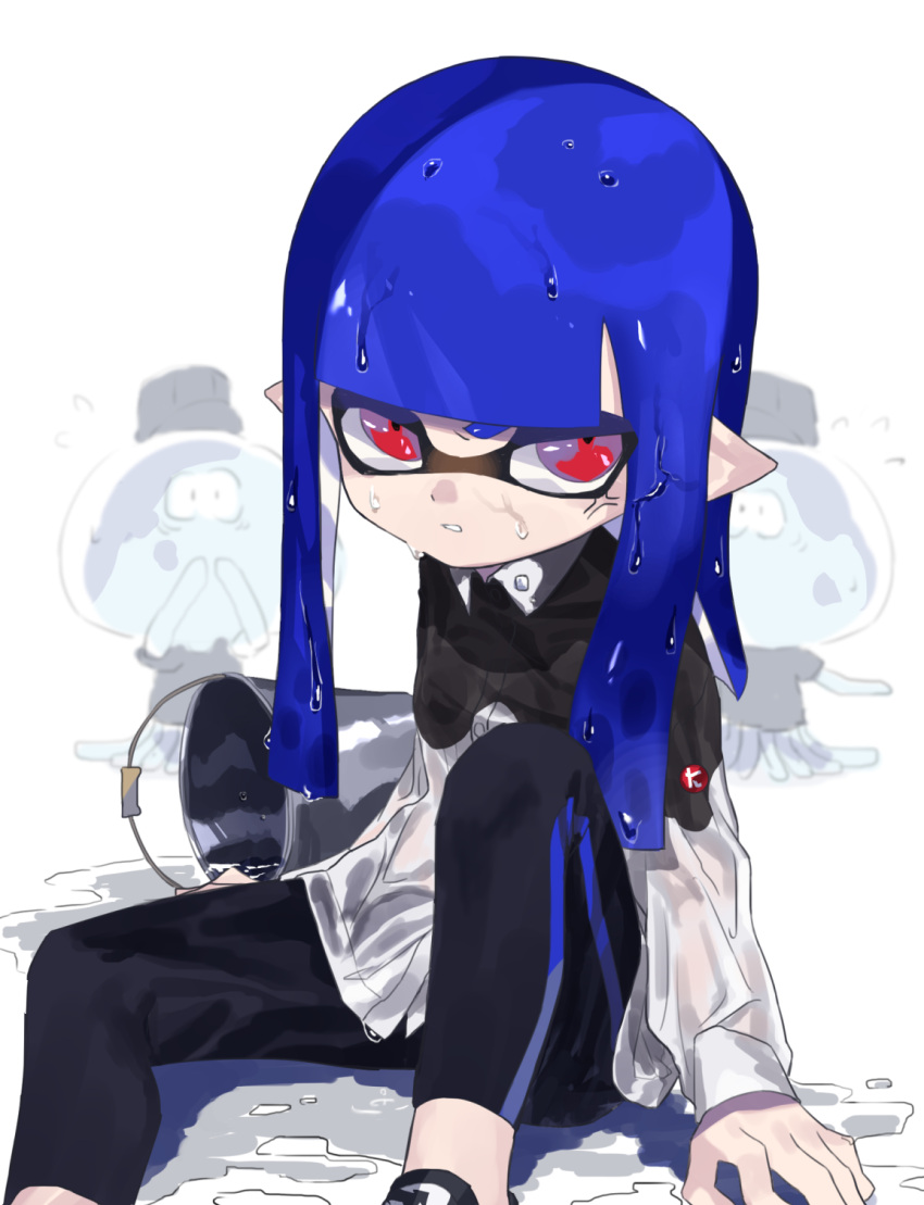 1girl, amatcha, anger_vein, angry, arm_support, bangs, black_legwear, blue_hair
