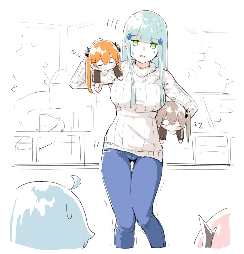 404_(girls_frontline), 5girls, ahoge, alternate_costume, blush_stickers, brown_hair, carrying_over_shoulder, carrying_under_arm