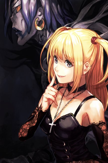 1girl, amane_misa, black_choker, blonde_hair, breasts, choker, cross, cross_necklace