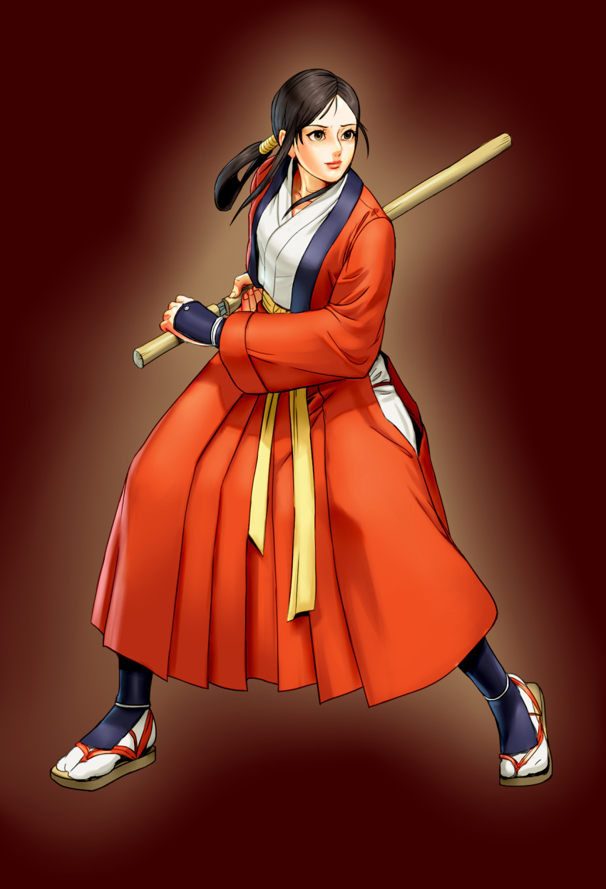 1girl, armor, bakumatsu_rouman, bakumatsu_rouman_dainimaku, bangs, battoujutsu_stance, belt, black_hair, brown_eyes, commission, fighting_stance, full_body, hair_ribbon, hair_rings, hand_on_hilt, highres, hip_vent, jacket, japanese_armor, japanese_clothes, katana, kote, lips, long_hair, long_skirt, nose, parted_bangs, pleated_skirt, ready_to_draw, red_jacket, red_skirt, ribbon, sandals, sheath, skirt, solo, sword, tabi, takane_hibiki, weapon, yokimura