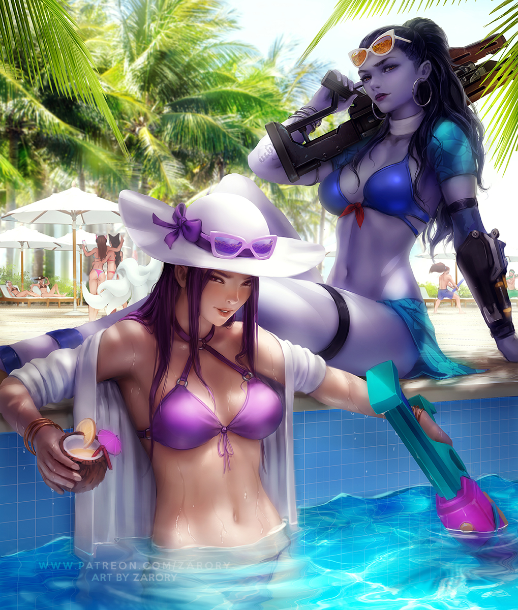 6+girls, ahri, ashe_(league_of_legends), ashe_(overwatch), bikini, caitlyn_(league_of_legends), coconut, cote_d'azur_widowmaker, crossover, d.va_(overwatch), earrings, eyewear_on_head, eyewear_on_headwear, genji_(overwatch), gun, highres, hoop_earrings, jewelry, league_of_legends, long_hair, multiple_girls, navel, overwatch, palm_tree, partially_submerged, pinup, pool, pool_party_caitlyn, purple_skin, rifle, smile, stomach, summer, swimsuit, tree, water, weapon, wet, widowmaker_(overwatch), zarory