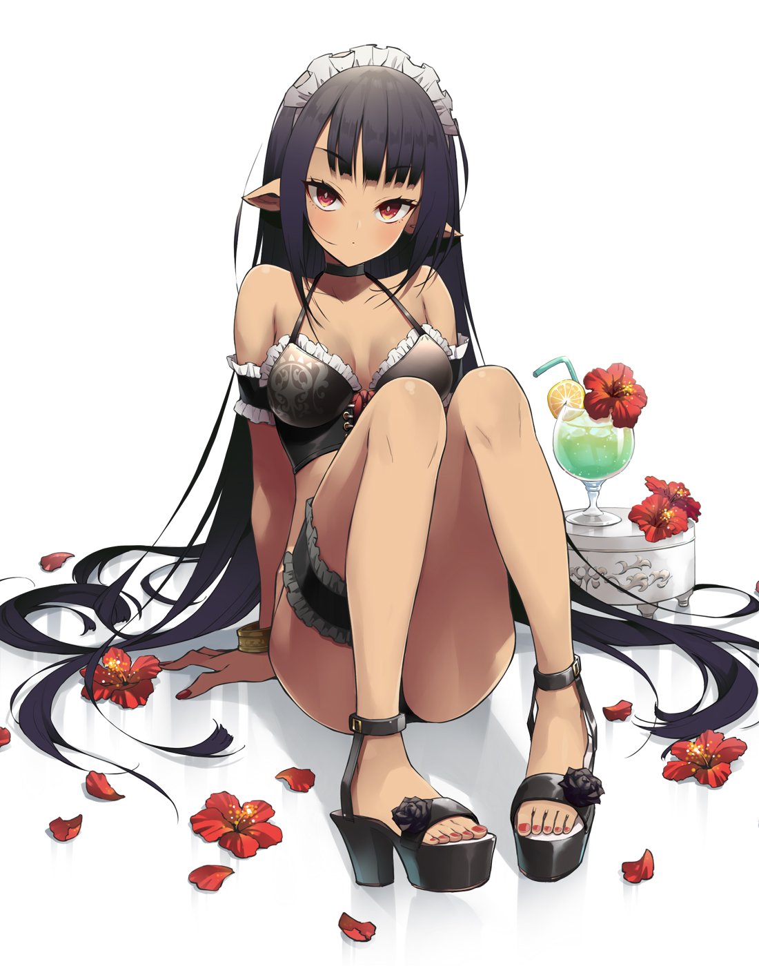 1girl, bangs, bare_shoulders, bikini, bikini_top, black_bikini, black_hair, bracelet