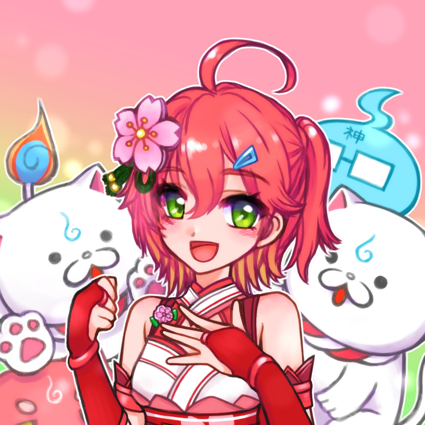 1girl, 35p_(miko_channel), :3, ahoge, aozane, armband, armpits, bangs