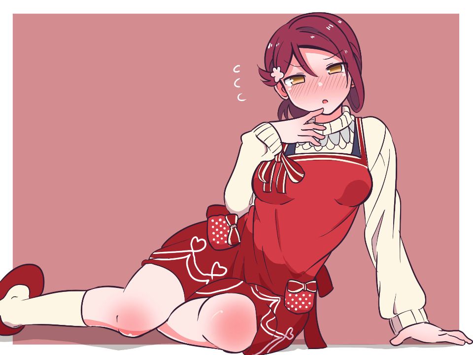 1girl, :o, arm_support, blush, commentary, dress, finger_to_mouth, flying_sweatdrops