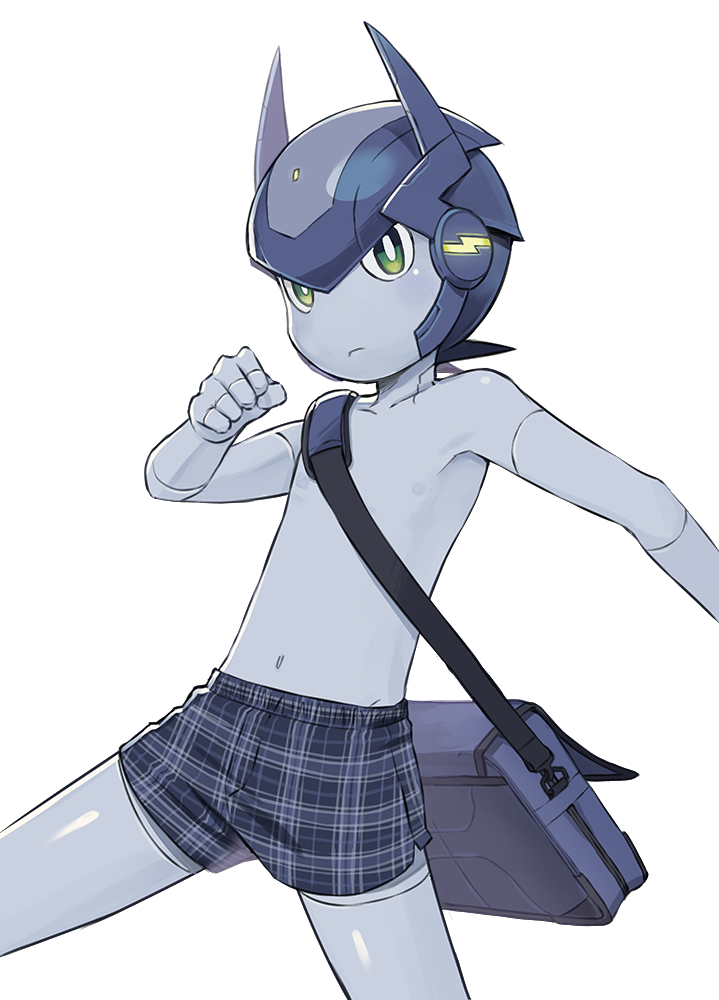 1boy, adolescence_mechanix, bag, boxers, green_eyes, looking_at_viewer, nipples, nix_(adolescence_mechanix)