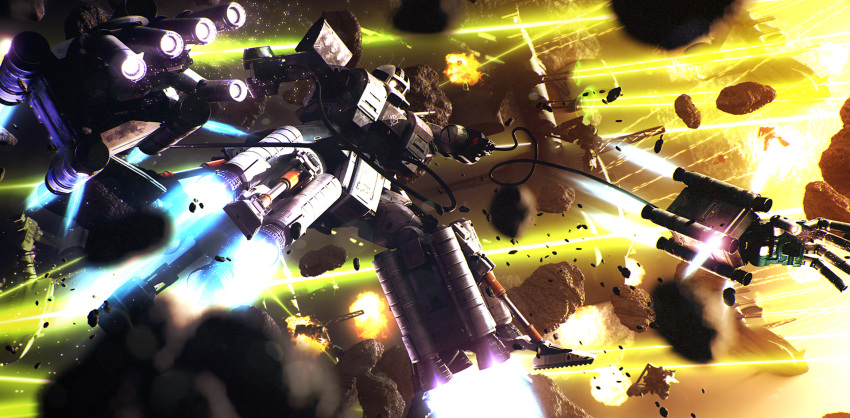 asteroid, battle, beam_cannon, cable, commentary_request, energy_weapon, explosion, glowing