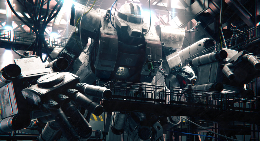 astronaut, cable, commentary_request, disassembly, gundam, gundam_msv, hangar, highres