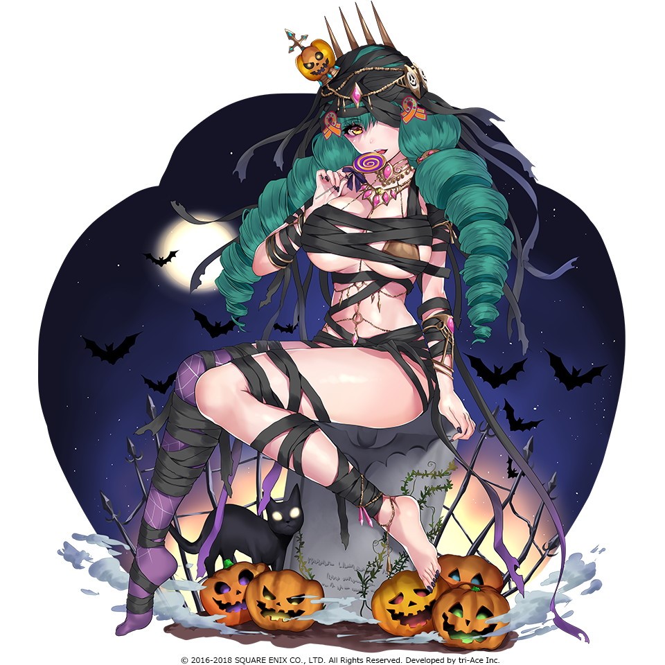 1girl, bandages, bat, black_cat, breasts, candy, cat, choker, drill_hair, fiore_brunelli, food, full_moon, green_hair, hair_ornament, halloween, halloween_costume, holding_lollipop, jack-o'-lantern, jack-o'-lantern_hair_ornament, large_breasts, lollipop, long_hair, moon, mummy_costume, night, official_art, purple_legwear, single_thighhigh, sitting, solo, spider_web_print, star_ocean, star_ocean_anamnesis, star_ocean_integrity_and_faithlessness, thigh-highs, toenail_polish, tombstone, yellow_eyes